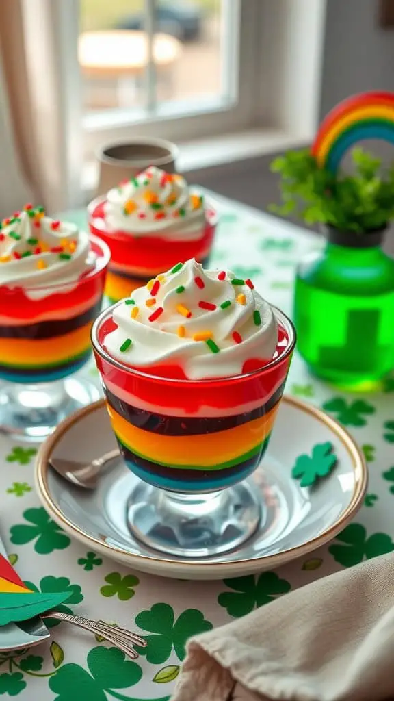 Colorful Rainbow Jello Cups with layers of jello and whipped cream