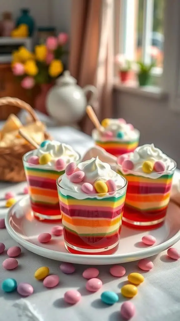 Colorful layered jello cups topped with whipped cream and pastel candies