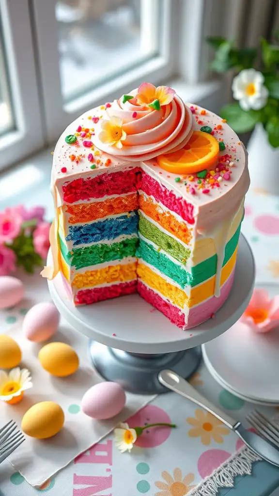 Colorful rainbow layer cake with pastel frosting and decorative toppings
