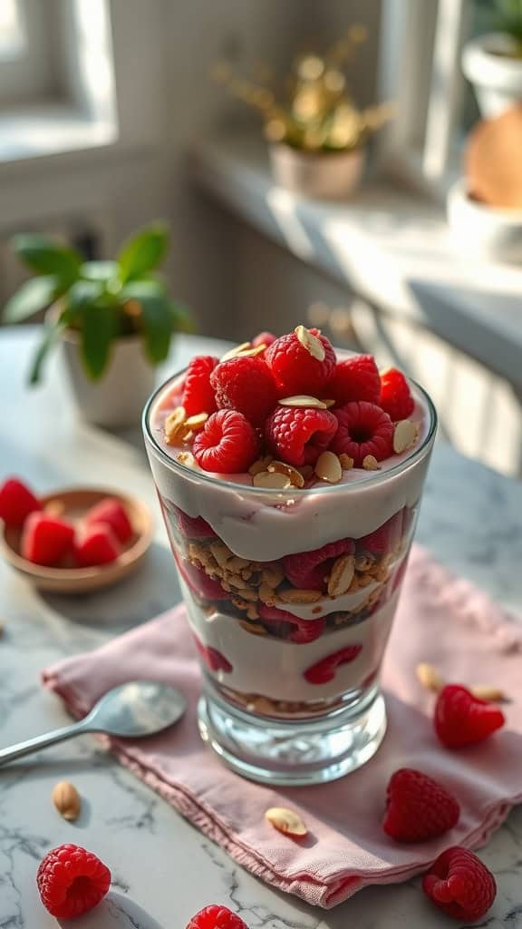 A vibrant Raspberry Almond Crunch Parfait layered with raspberry yogurt, fresh raspberries, and sliced almonds in a clear glass.