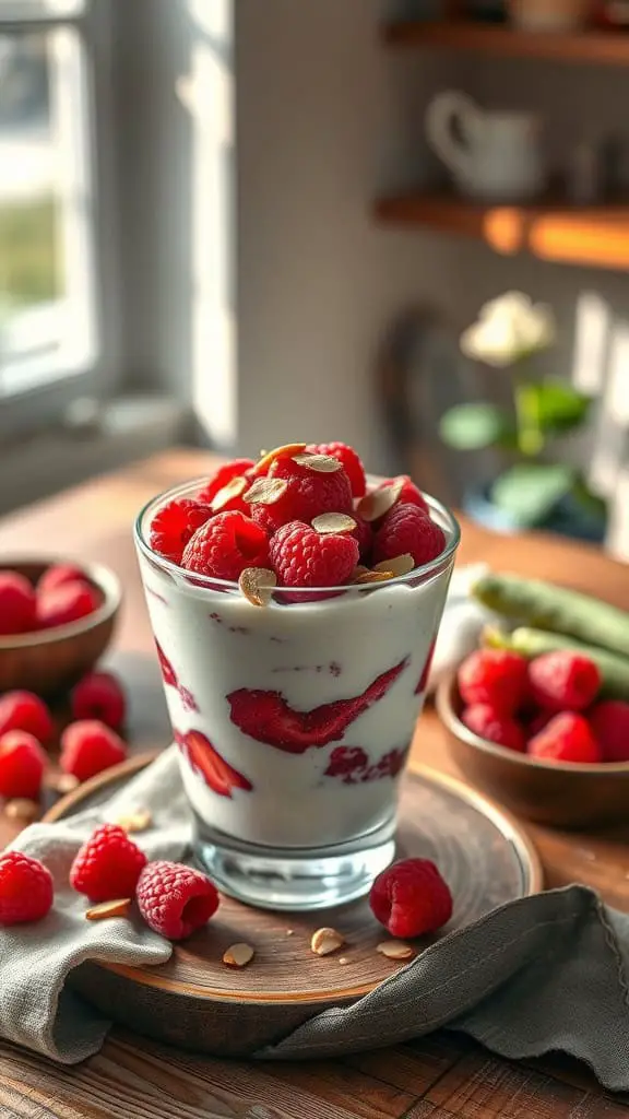 A delicious raspberry almond parfait with layers of yogurt, fresh raspberries, and sliced almonds.