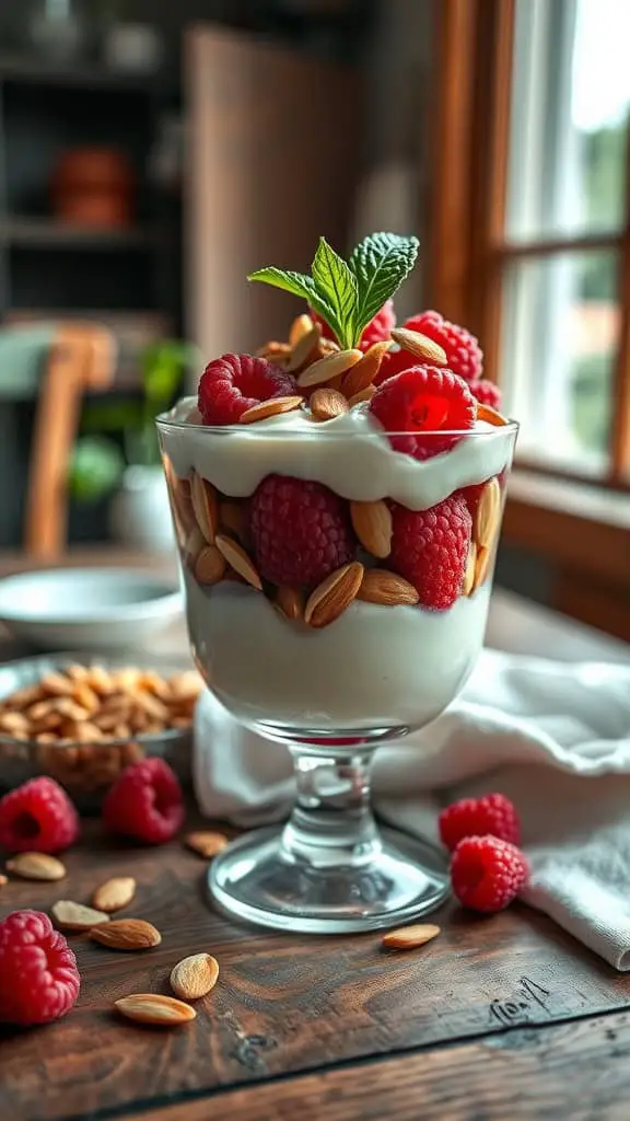 Raspberry Almond Parfait with yogurt and almonds