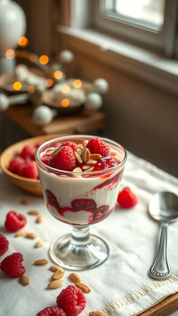 A raspberry almond parfait featuring layers of raspberry yogurt, fresh raspberries, raspberry jam, and slivered almonds.