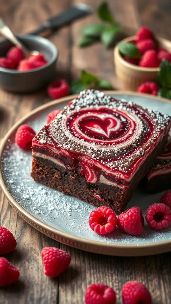 Delicious raspberry swirl cream cheese brownies on a plate with fresh raspberries.