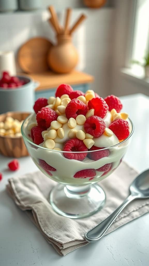 A delicious raspberry white chocolate parfait with layers of yogurt, fresh raspberries, and white chocolate chips.