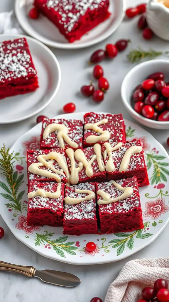 Delicious red velvet cream cheese brownies on a decorative plate.