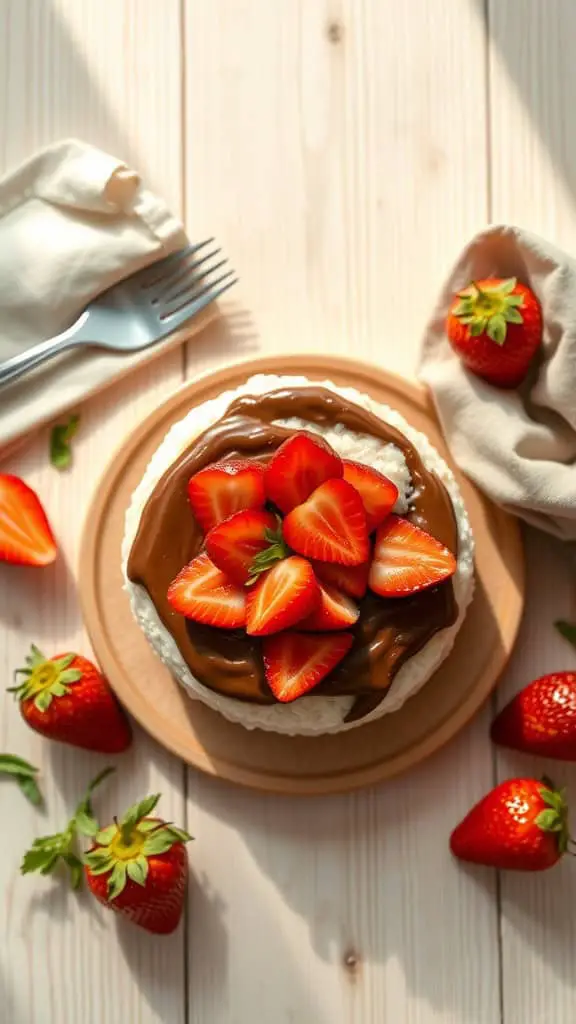 A rice cake topped with chocolate hazelnut spread and fresh sliced strawberries.