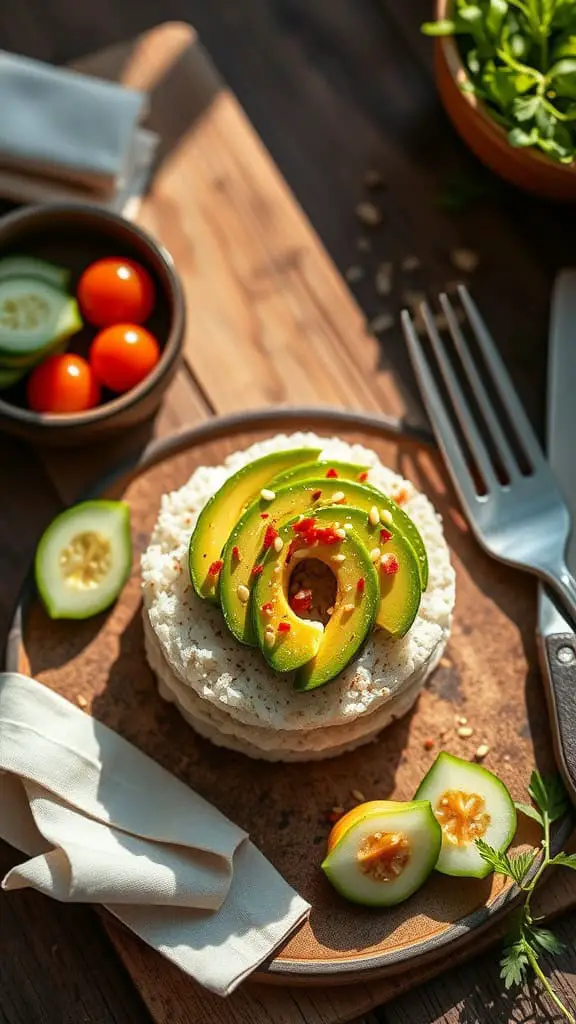 Rice cakes topped with avocado slices and garnished with red pepper flakes and cucumbers