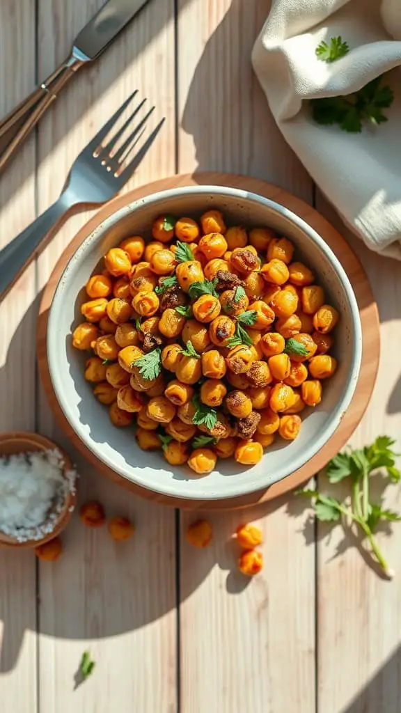 A bowl of roasted chickpeas garnished with herbs.