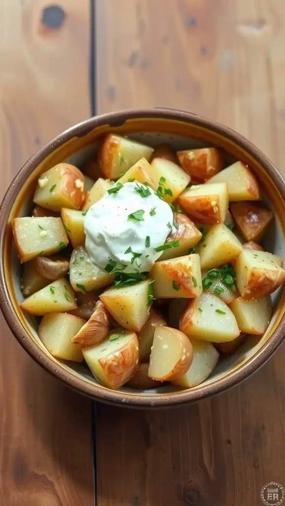 A delicious bowl of roasted garlic potato salad topped with sour cream and fresh herbs.