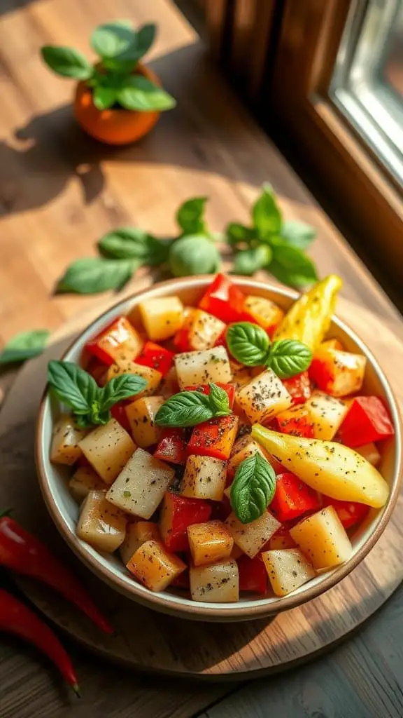 A bowl of roasted red pepper cold potato salad with fresh basil.