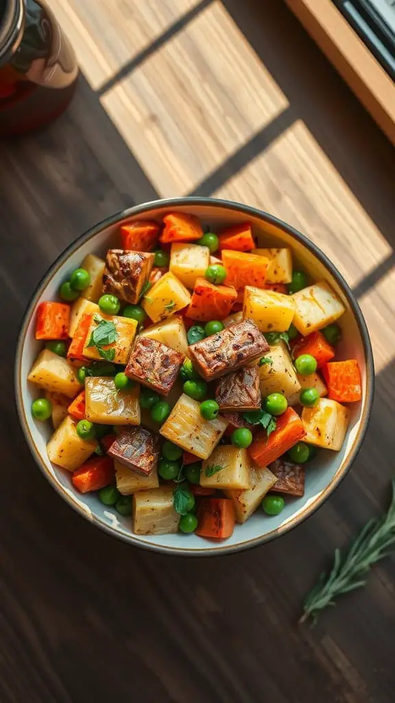 Colorful roasted veggie salad with potatoes, carrots, and peas.