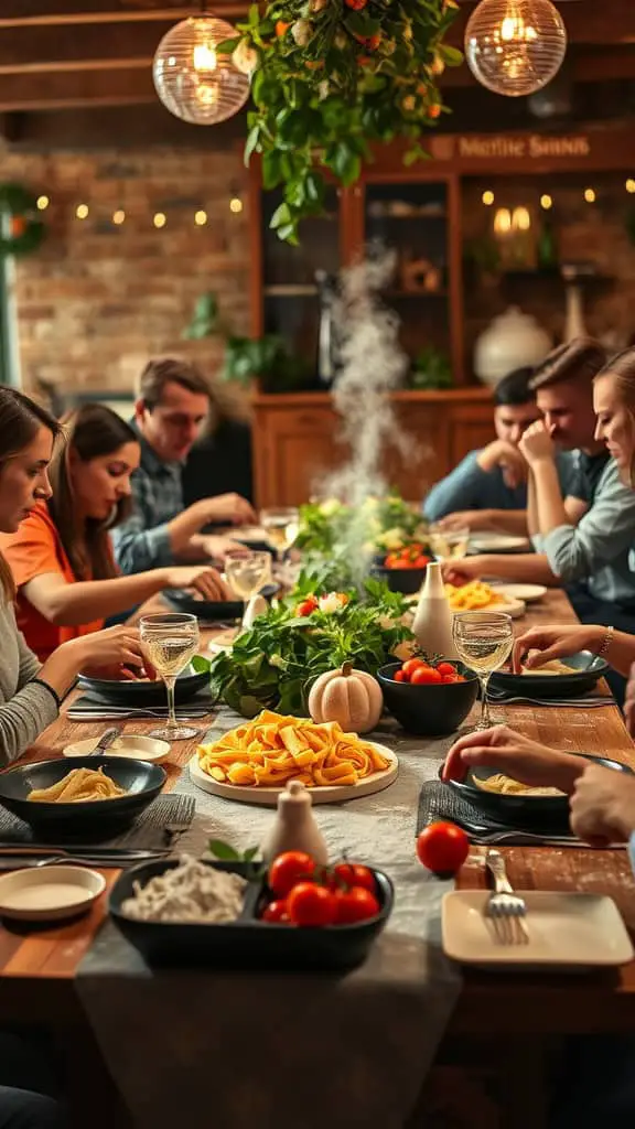 A rustic Italian dinner party with guests seated around a wooden table filled with fresh pasta and vibrant ingredients.