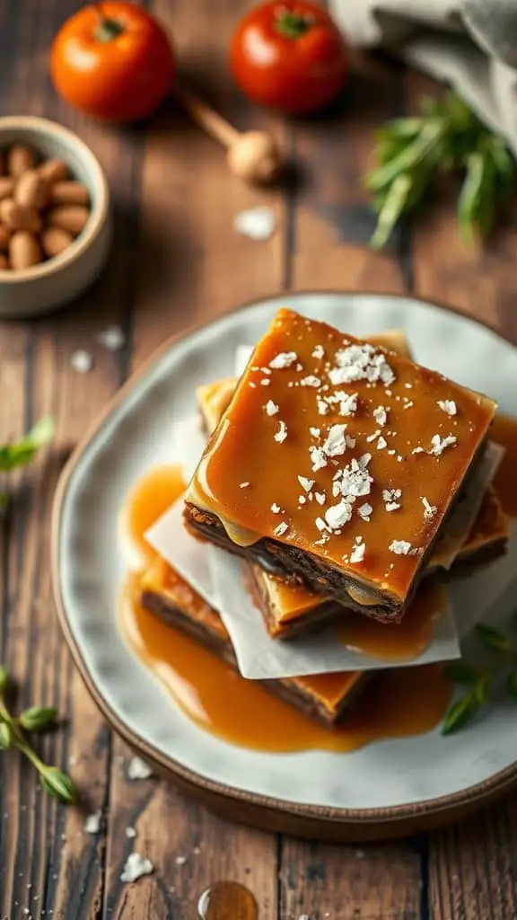 Delicious salted caramel cream cheese brownies served on a plate with sea salt on top.