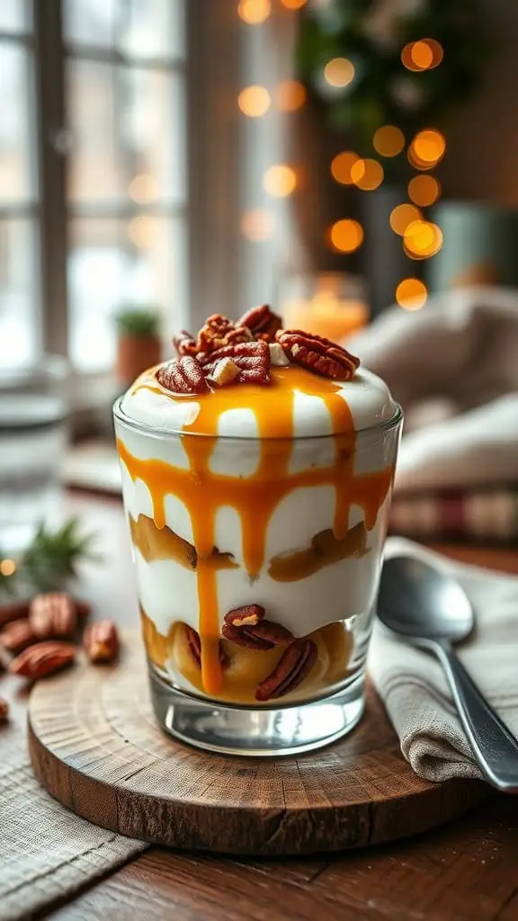 A delicious Salted Caramel Pecan Parfait featuring layers of yogurt, caramel sauce, and pecans.