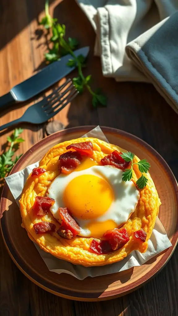 Sausage Bacon Egg Muffins served on a plate, garnished with herbs.