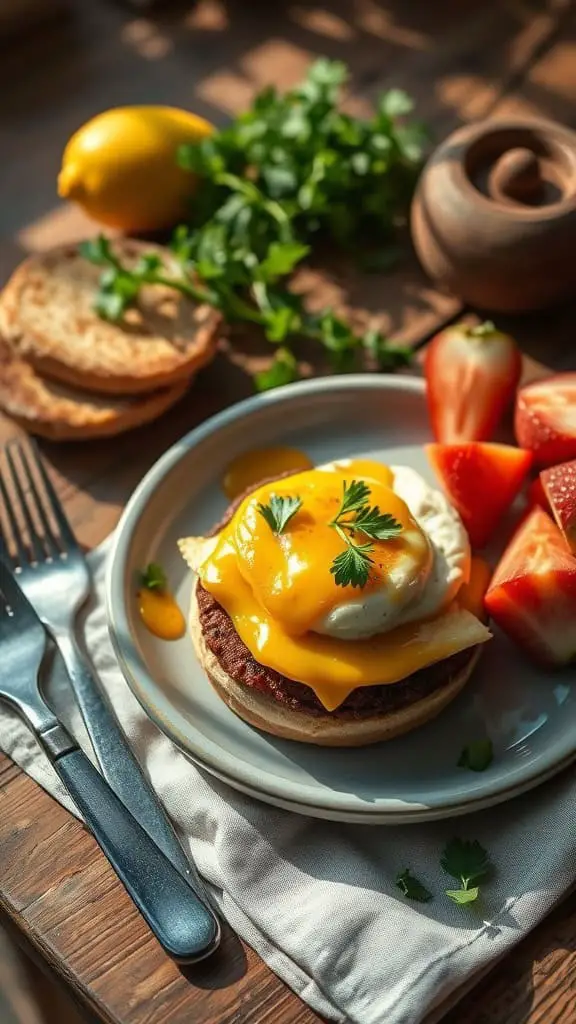 Sausage egg cheese muffin sandwich on a plate with side vegetables.