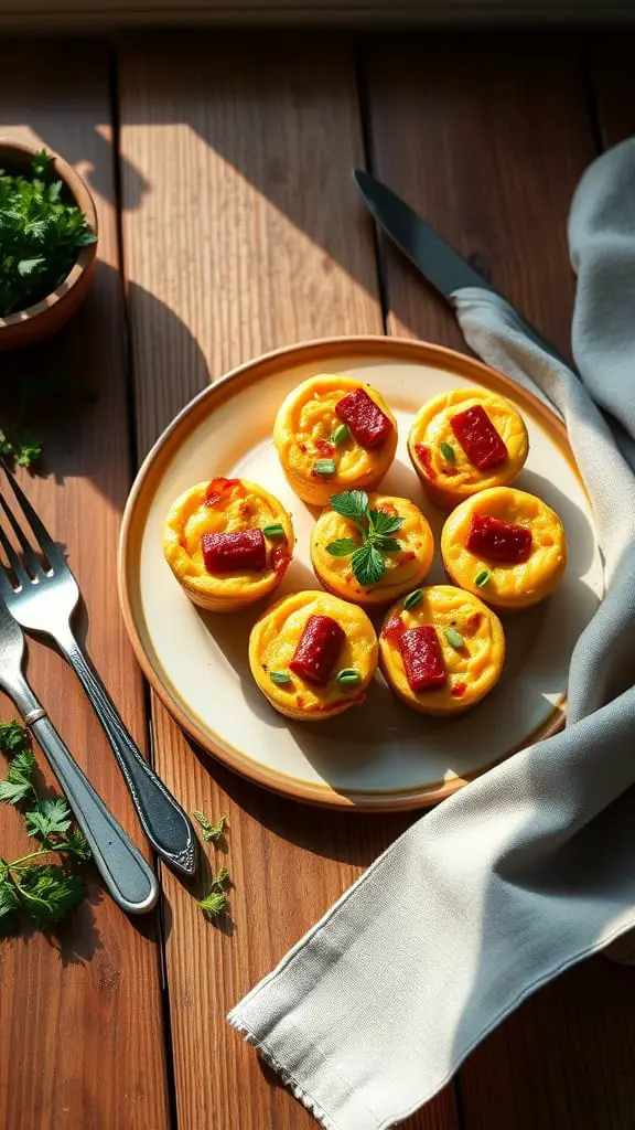 Sausage egg muffin cups topped with fresh herbs on a plate.