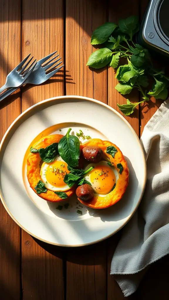 Sausage egg muffins with spinach on a plate