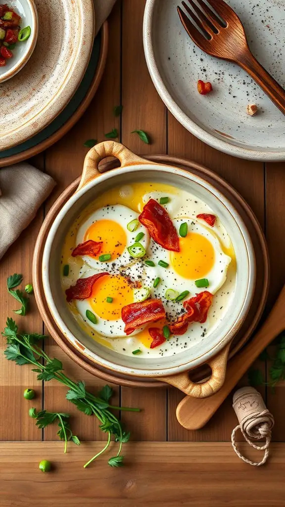 Savory baked cottage cheese eggs with bacon and green onions in a dish.