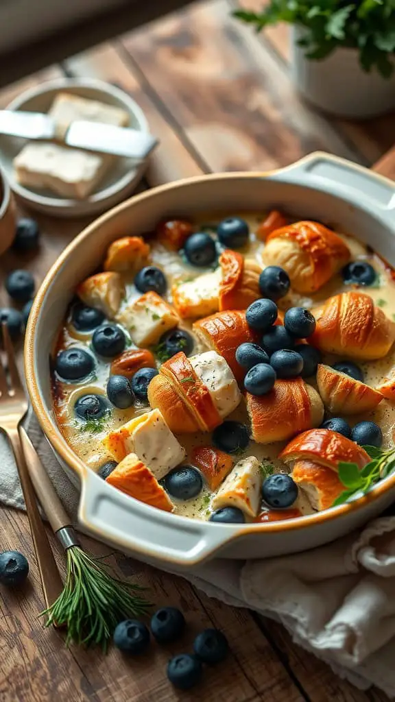 Savory blueberry croissant breakfast bake with goat cheese, featuring croissant pieces, fresh blueberries, and a creamy egg mixture.