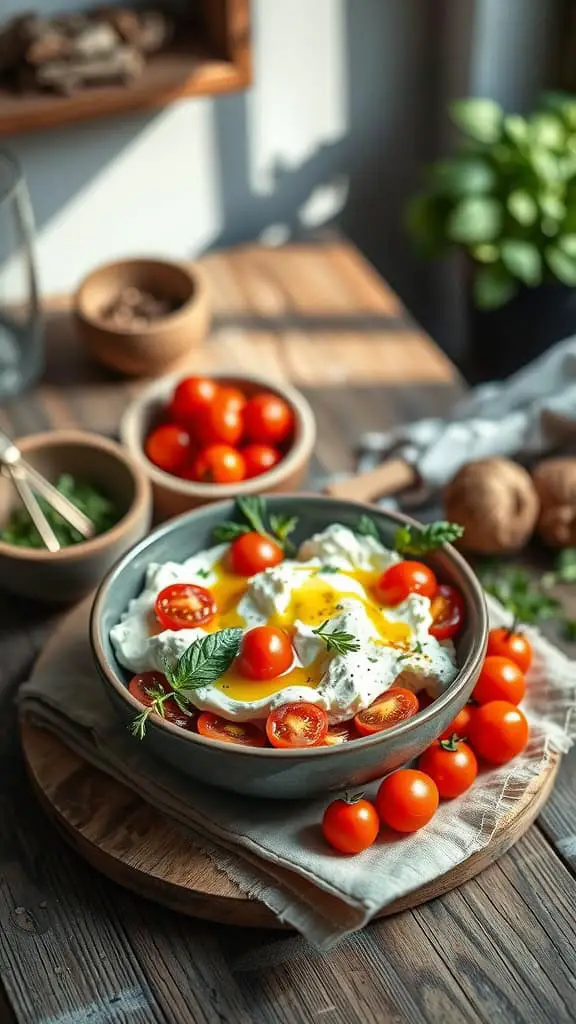 A bowl of cottage cheese topped with cherry tomatoes and olive oil