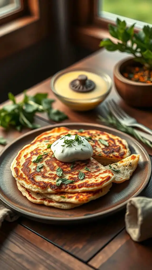 Savory cottage cheese pancakes topped with herbs and yogurt