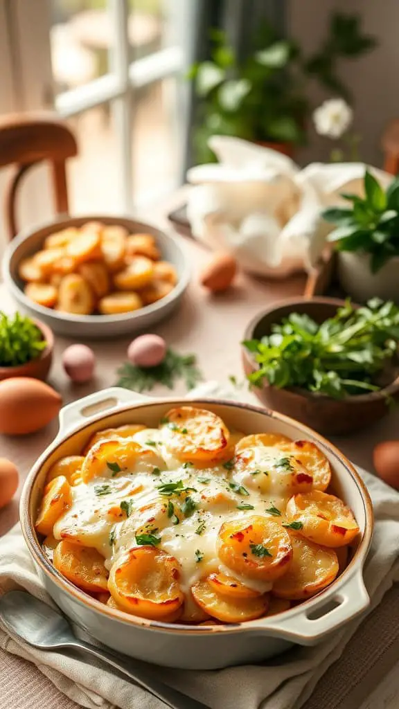 Delicious scalloped potatoes with cheddar cheese and fresh parsley.