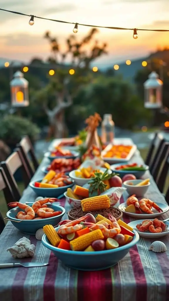 A seafood boil dinner party table set with bowls of shrimp, corn, and potatoes, decorated with string lights and a sunset in the background.