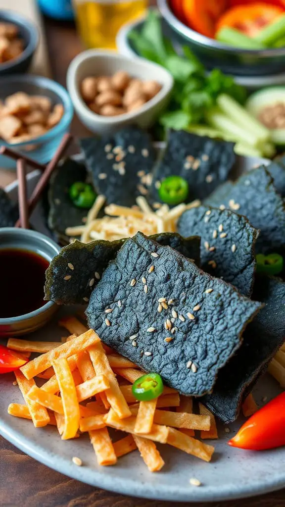 Crunchy seaweed snacks with sesame seeds and soy sauce