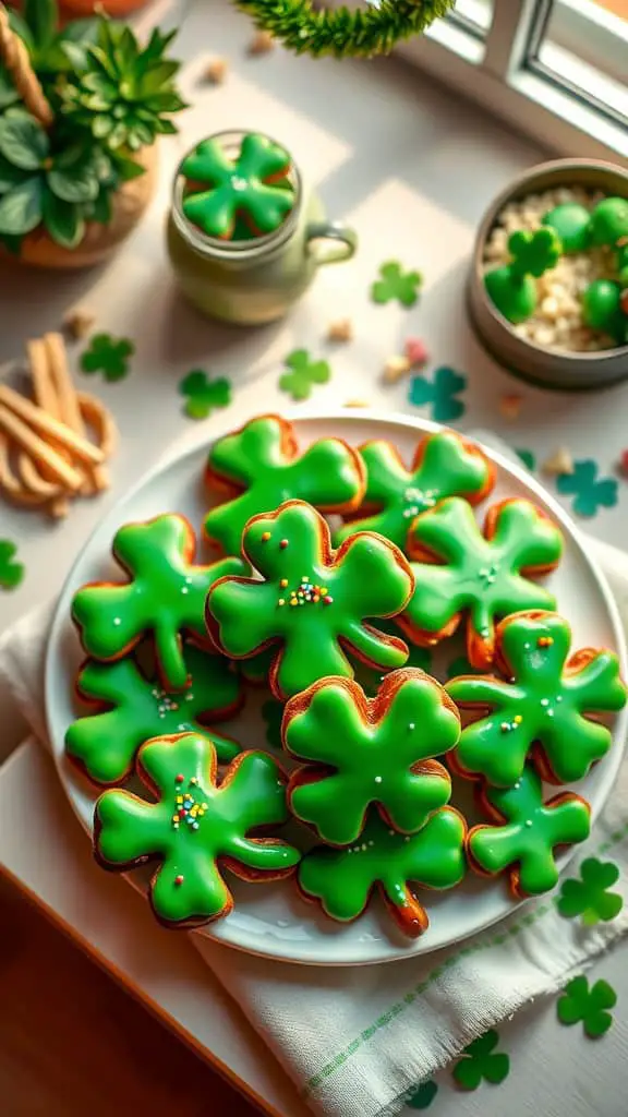 A plate of green shamrock-shaped pretzels decorated with sprinkles