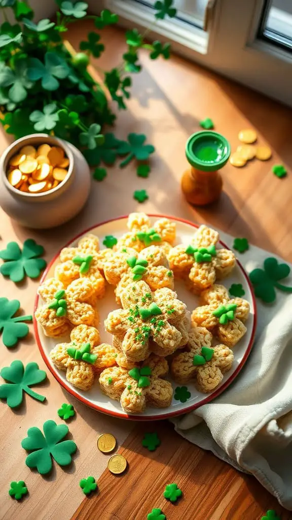 Shamrock shaped Rice Krispies treats decorated for St. Patrick's Day.