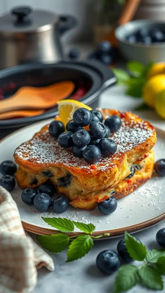 Delicious serving of blueberry French toast bake topped with fresh blueberries and powdered sugar.