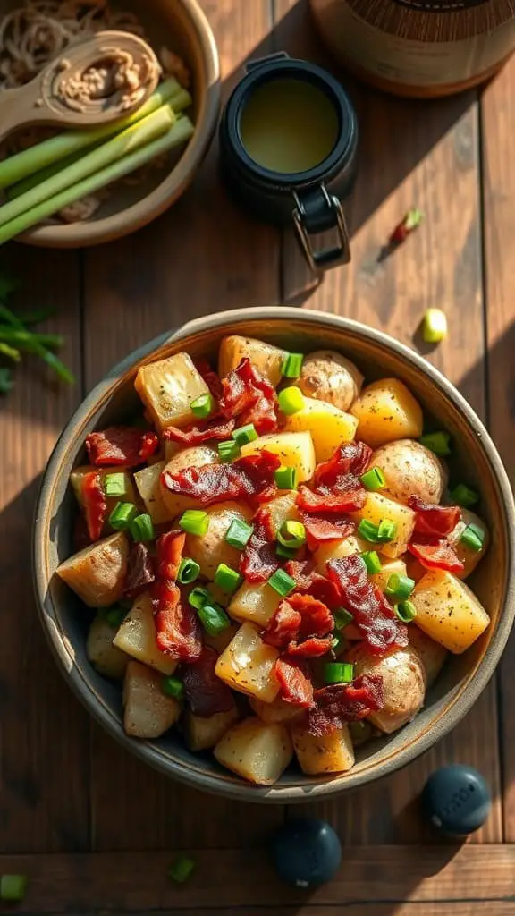 A bowl of smoked bacon potato salad featuring smoked potatoes, turkey bacon, and green onions.