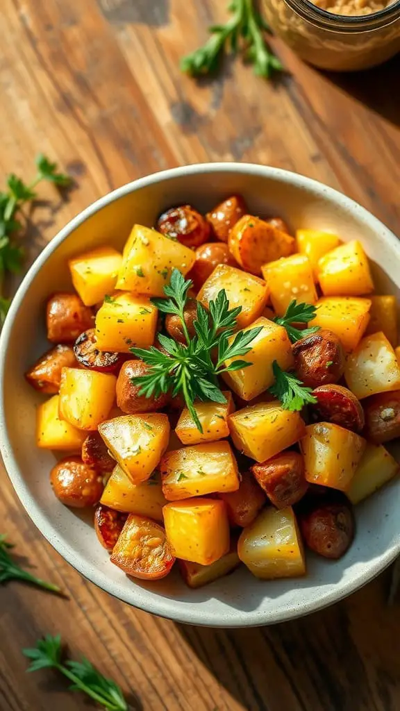 A bowl of Smoked Cheddar Potato Salad featuring smoked potatoes, cheddar cheese, and mustard dressing.