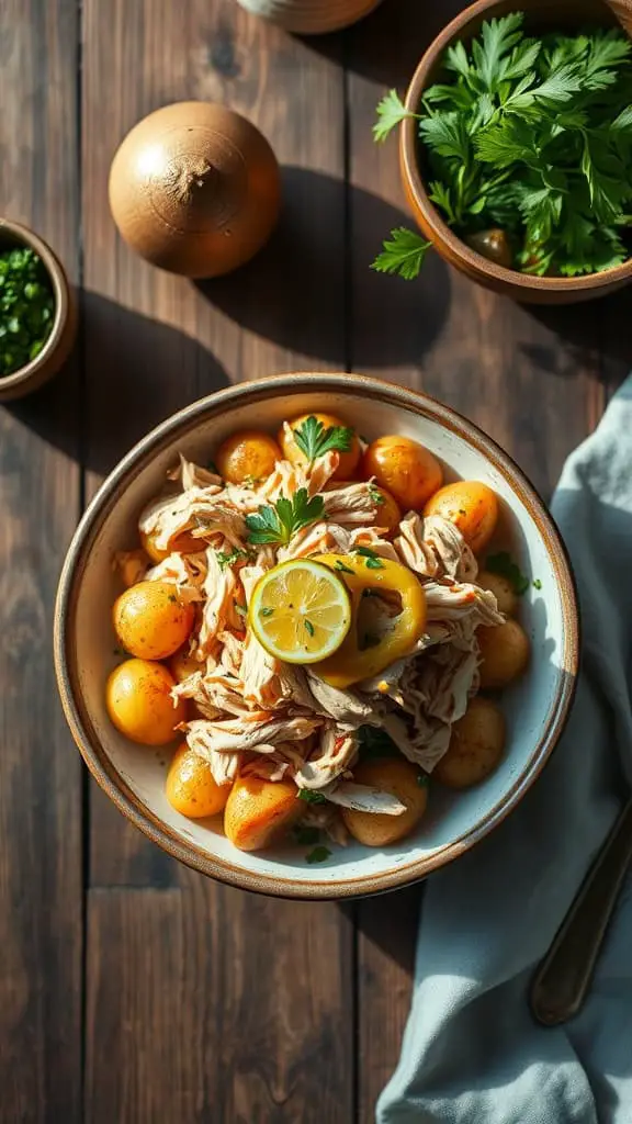 A flavorful smoked chicken potato salad with smoked potatoes, shredded chicken, and mustard dressing.