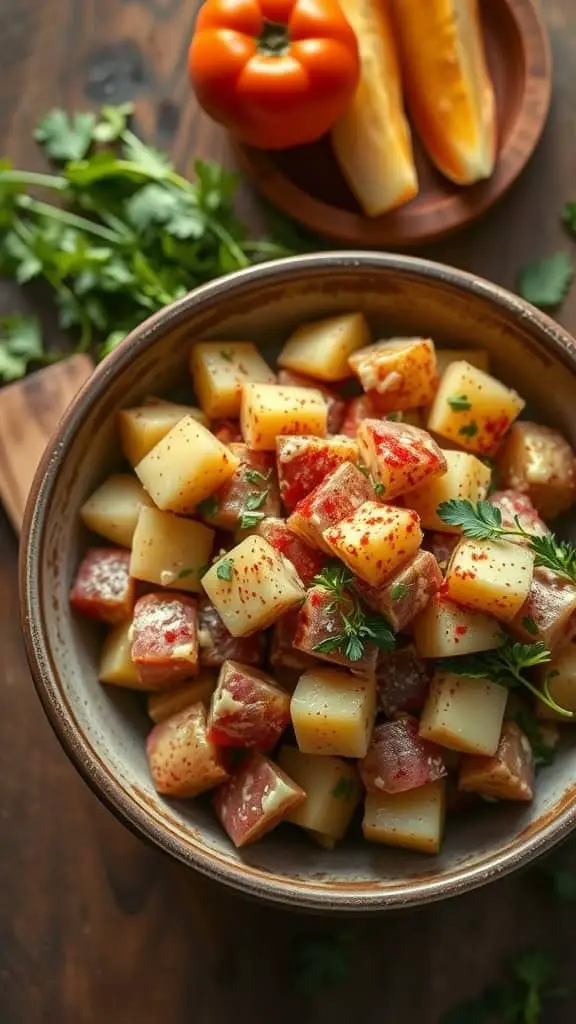 Bowl of smoked potato salad with paprika and herbs, garnished with parsley.