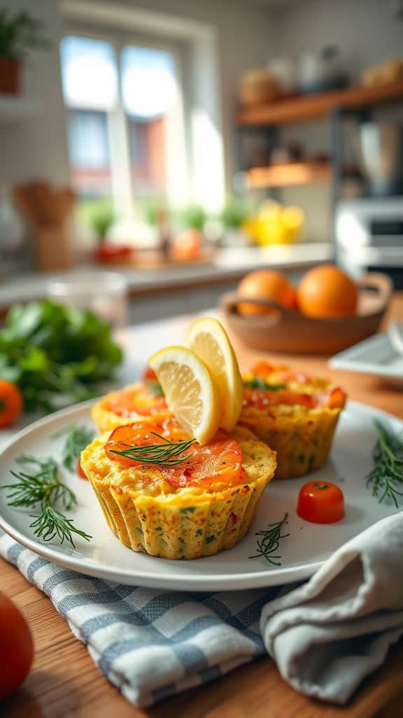 Smoked salmon breakfast egg muffins served with lemon and dill