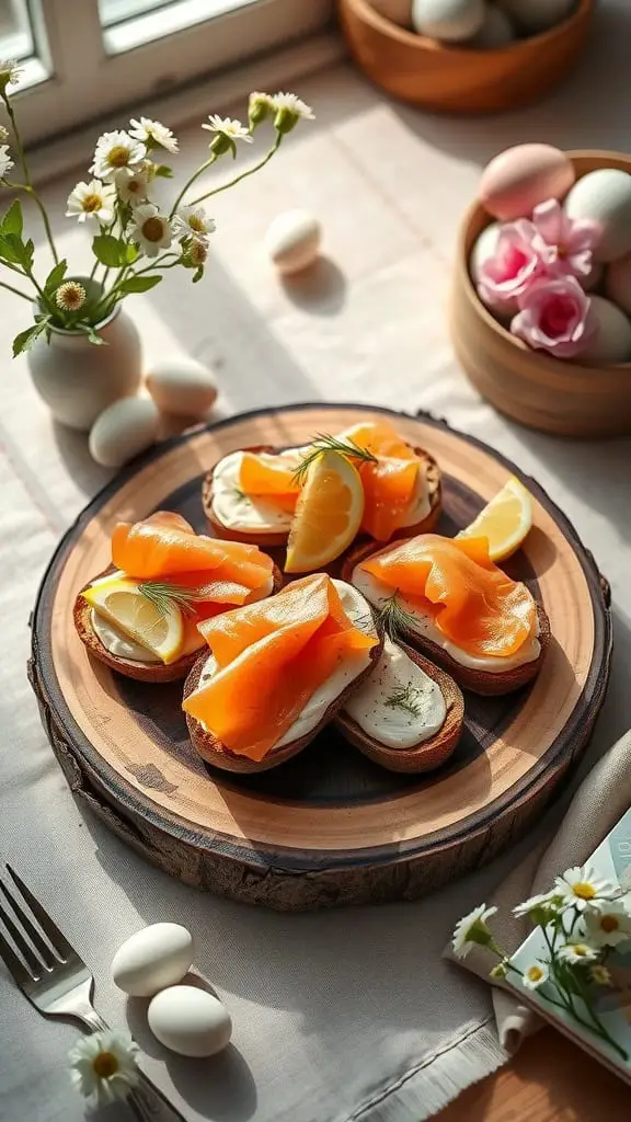 Smoked salmon crostini on a wooden plate, garnished with lemon and dill.