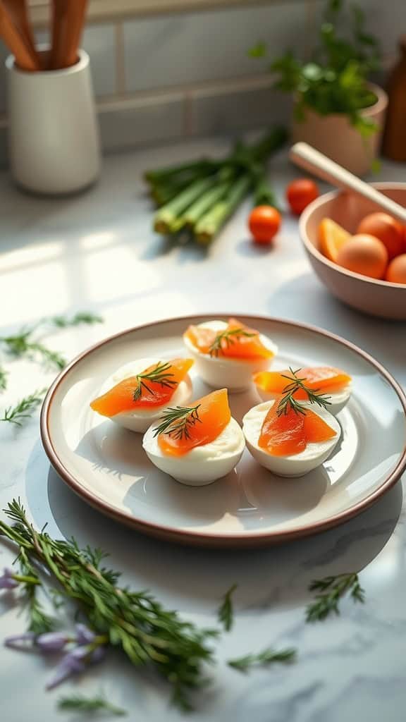 Plate of smoked salmon egg white bites garnished with dill.