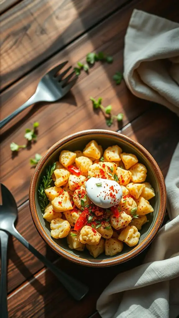 A bowl of smoky keto potato salad made with cauliflower and smoked paprika.