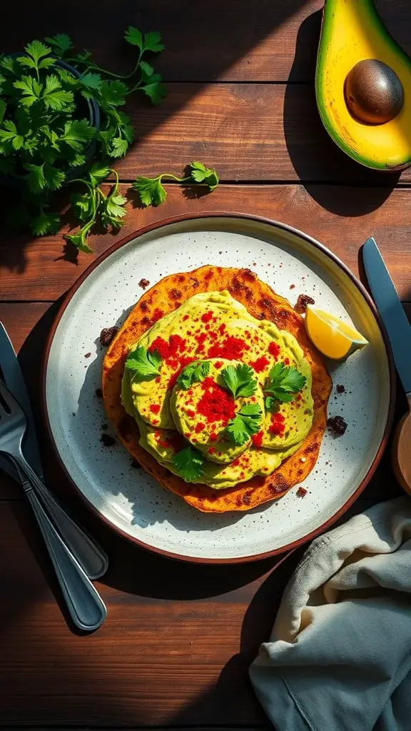 Crispy smashed potatoes topped with avocado and smoked paprika