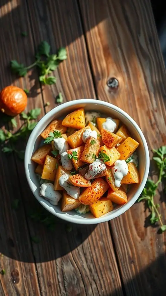 A bowl of smoky ranch potato salad with diced smoked potatoes, ranch dressing, and garnished with paprika and herbs.