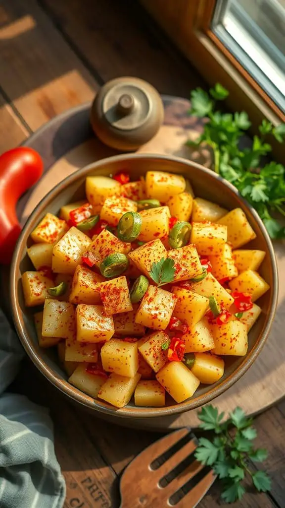 Smoky Russian potato salad with diced potatoes, smoked paprika, and pickles in a bowl.