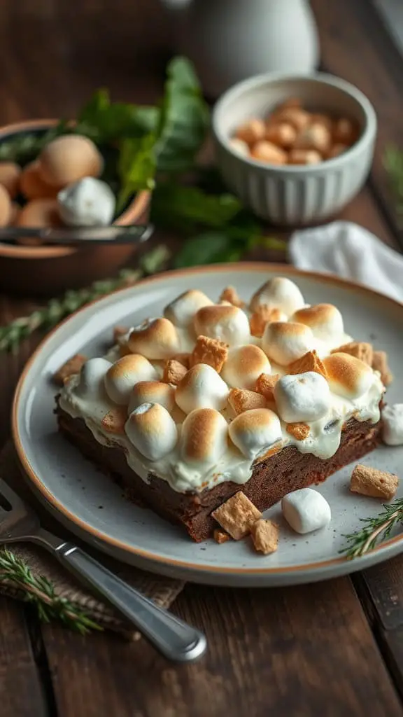 Delicious S'mores Cream Cheese Brownies topped with marshmallows and graham crackers