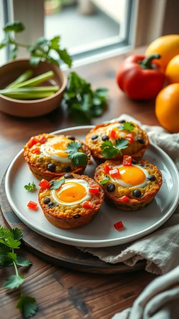 A plate of colorful Southwest Breakfast Egg Muffins topped with fresh ingredients.