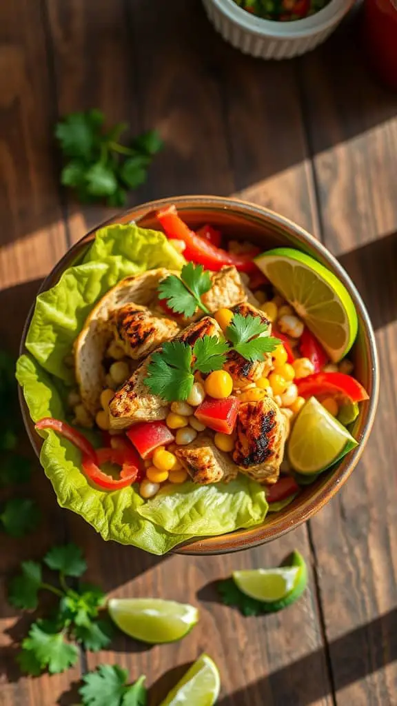 A delicious Southwest Chicken Taco Salad with grilled chicken, corn, and fresh lettuce.