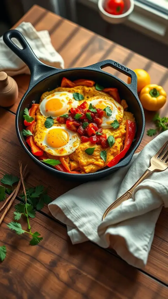 A colorful Southwest Cottage Cheese Eggs Skillet with eggs, bell peppers, and salsa