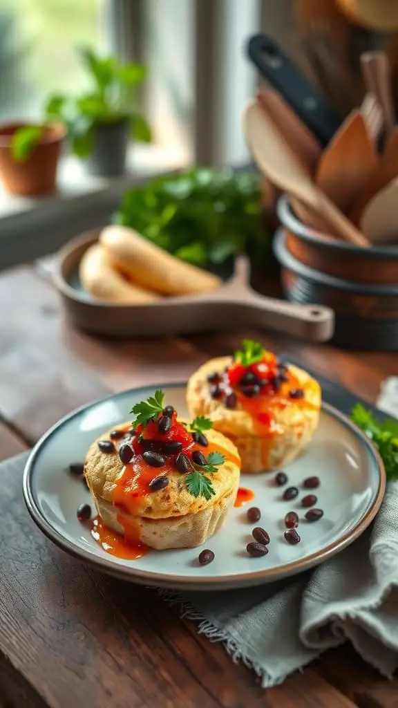 Southwest style egg white muffins topped with black beans and salsa