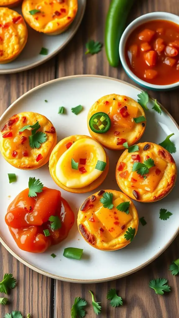 A plate of southwestern mini egg muffins topped with jalapeños and fresh cilantro